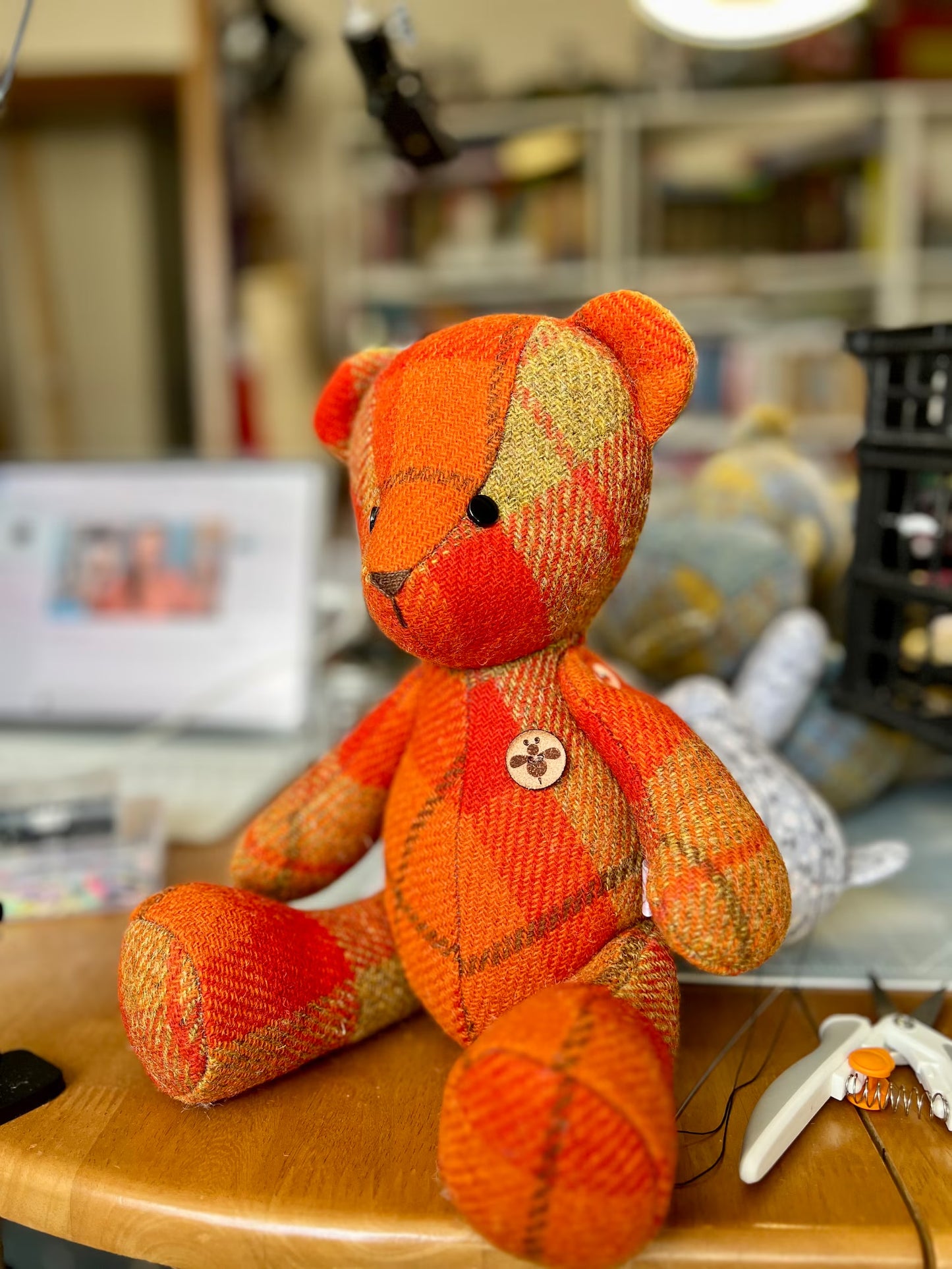 Adorable Handmade Teddy Bear in Orange Check Harris Tweed fabric