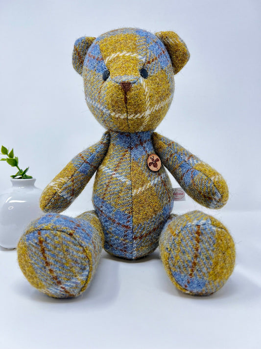 Adorable Handmade Teddy Bear in Blue Mustard Harris Tweed fabric - Full Blue Mustard