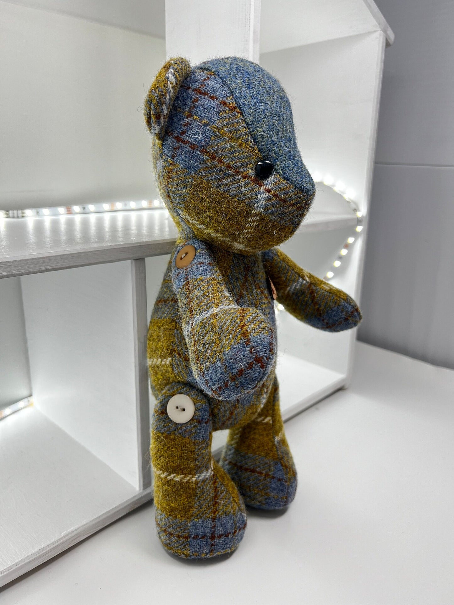 Adorable Handmade Teddy Bear in Blue Mustard Harris Tweed fabric - Blue Mustard Nose