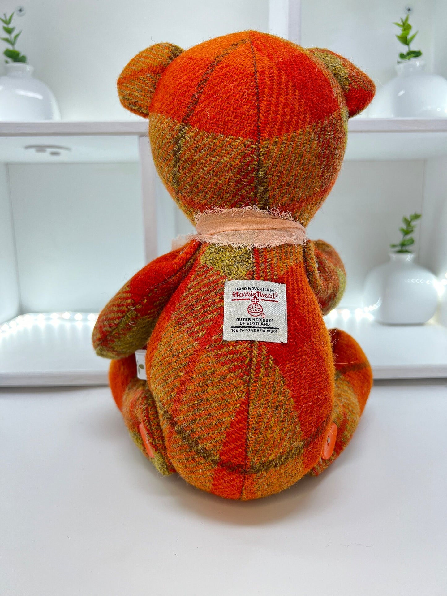 Adorable Handmade Teddy Bear in Orange Check Harris Tweed fabric