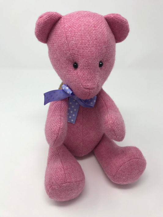 Adorable Handmade Teddy Bear in Pink Manx Tweed fabric - cuddly with closed eyes.