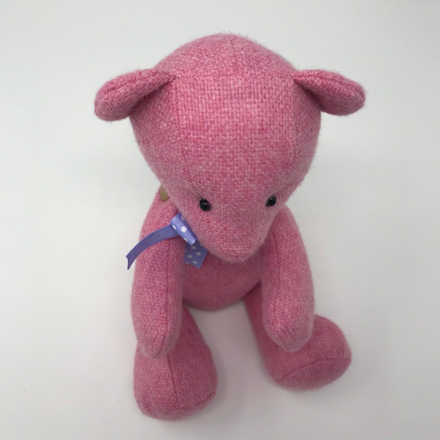 Adorable Handmade Teddy Bear in Pink Manx Tweed fabric - cuddly with closed eyes.