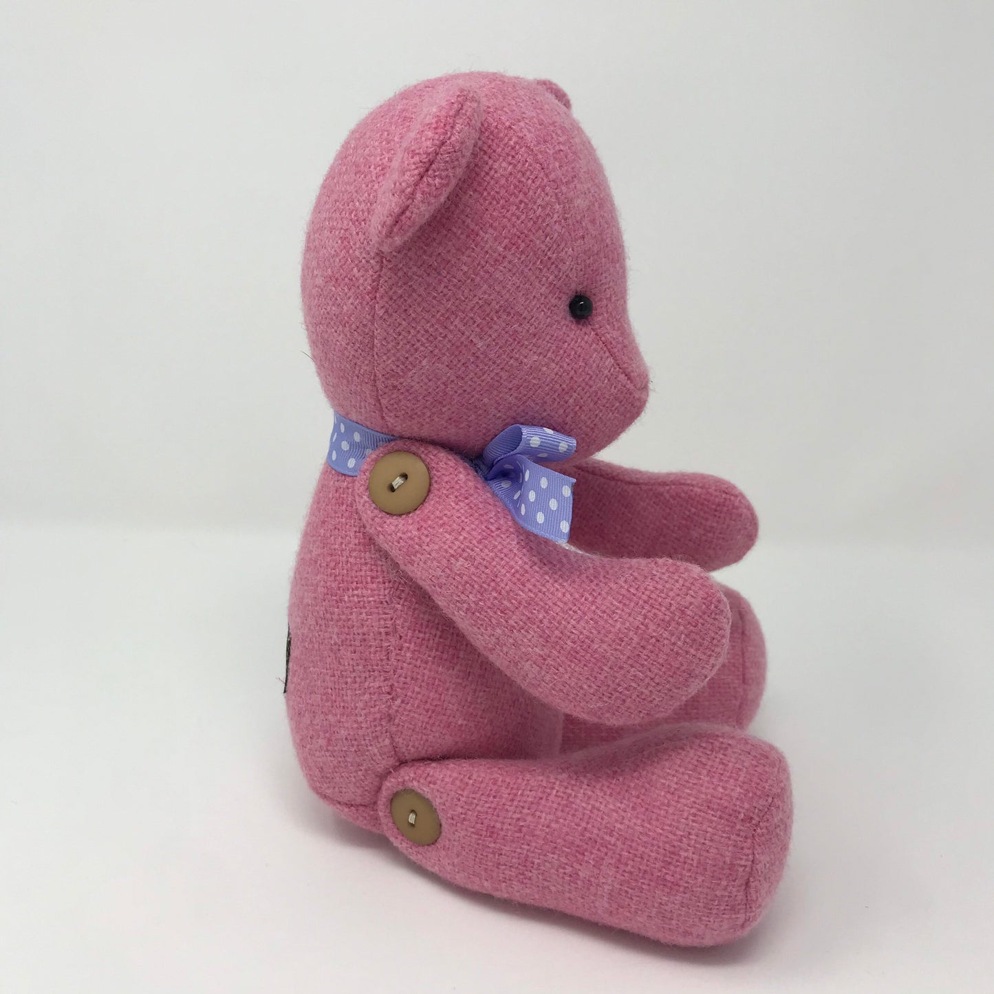 Adorable Handmade Teddy Bear in Pink Manx Tweed fabric - cuddly with closed eyes.