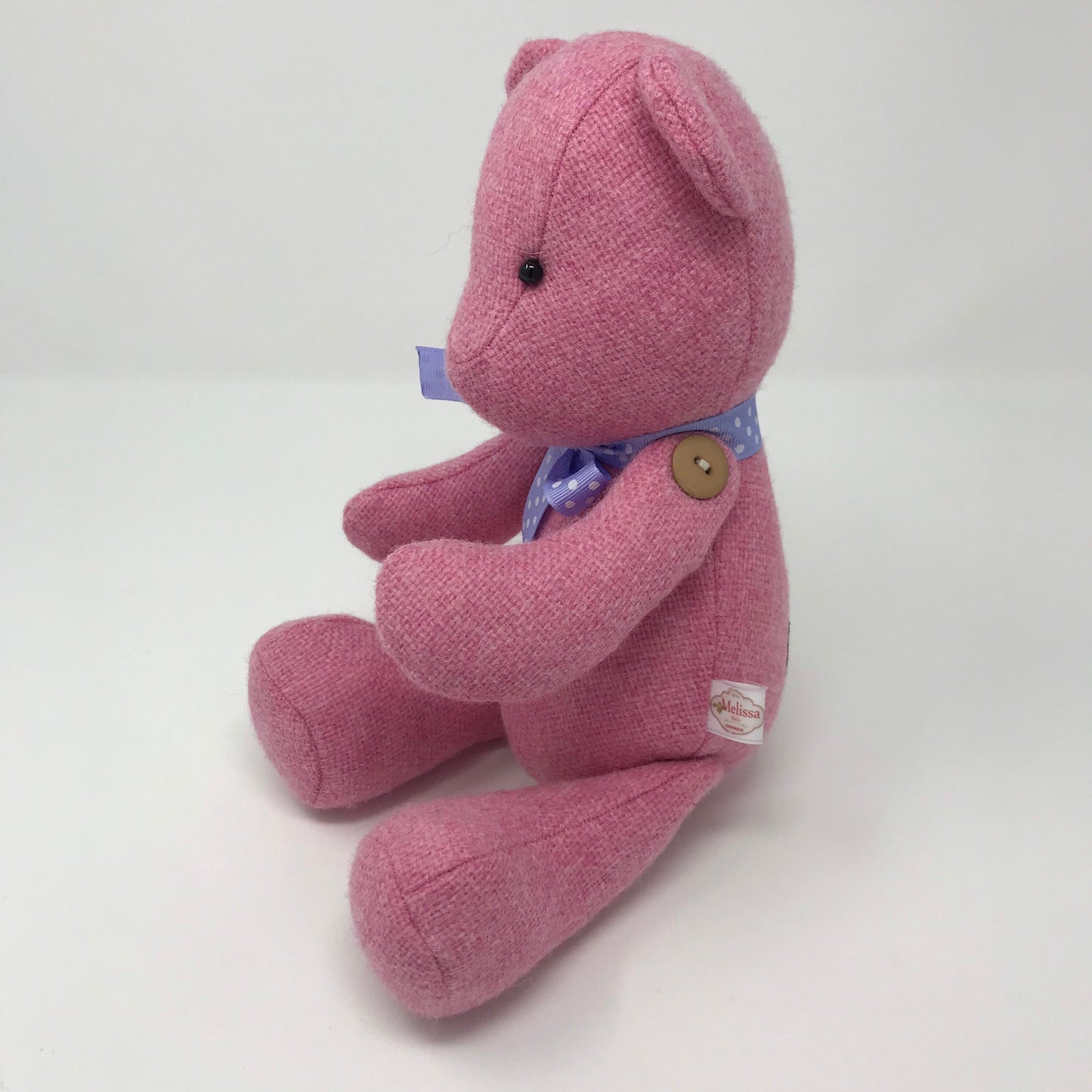 Adorable Handmade Teddy Bear in Pink Manx Tweed fabric - cuddly with closed eyes.