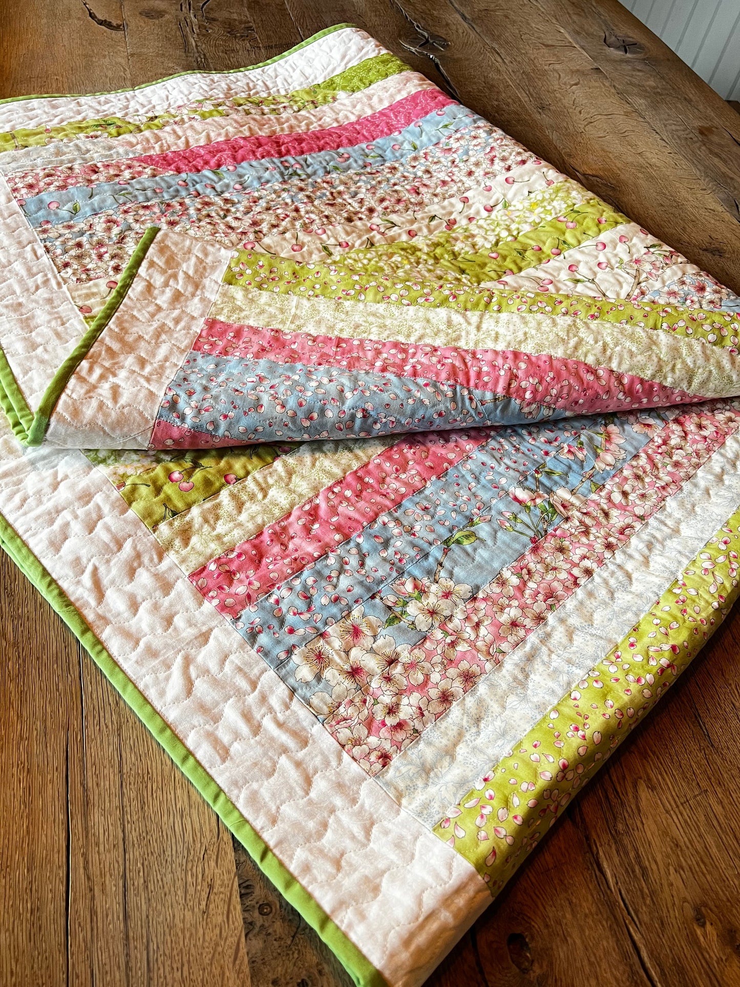 Unique cozy warm happy beautiful colourful Large Throw Blanket pure cotton Quilt Moda Sakura Cherry Blossom design Handmade Patchwork