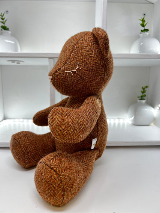 Adorable Handmade Teddy Bear in Camel Harris Tweed fabric - cuddly with closed eyes.