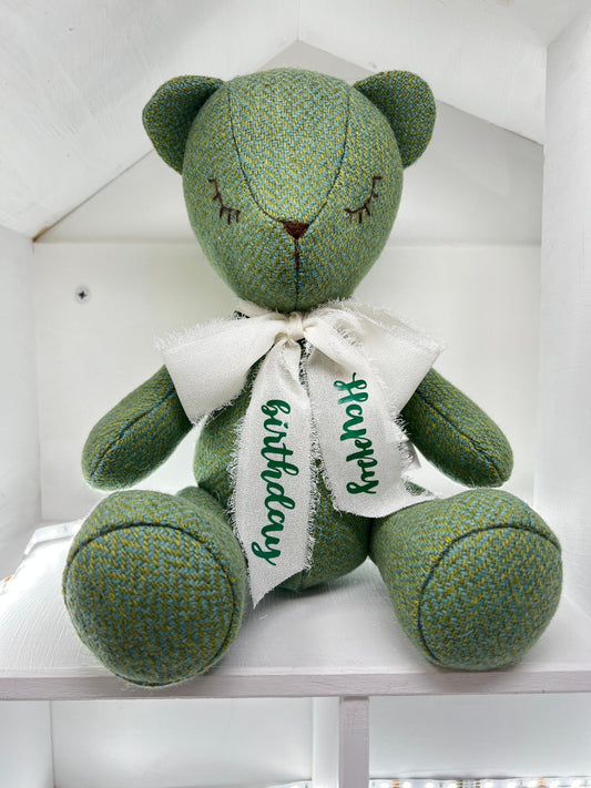 Adorable Handmade Teddy Bear in Green Harris Tweed fabric - cuddly with closed eyes.