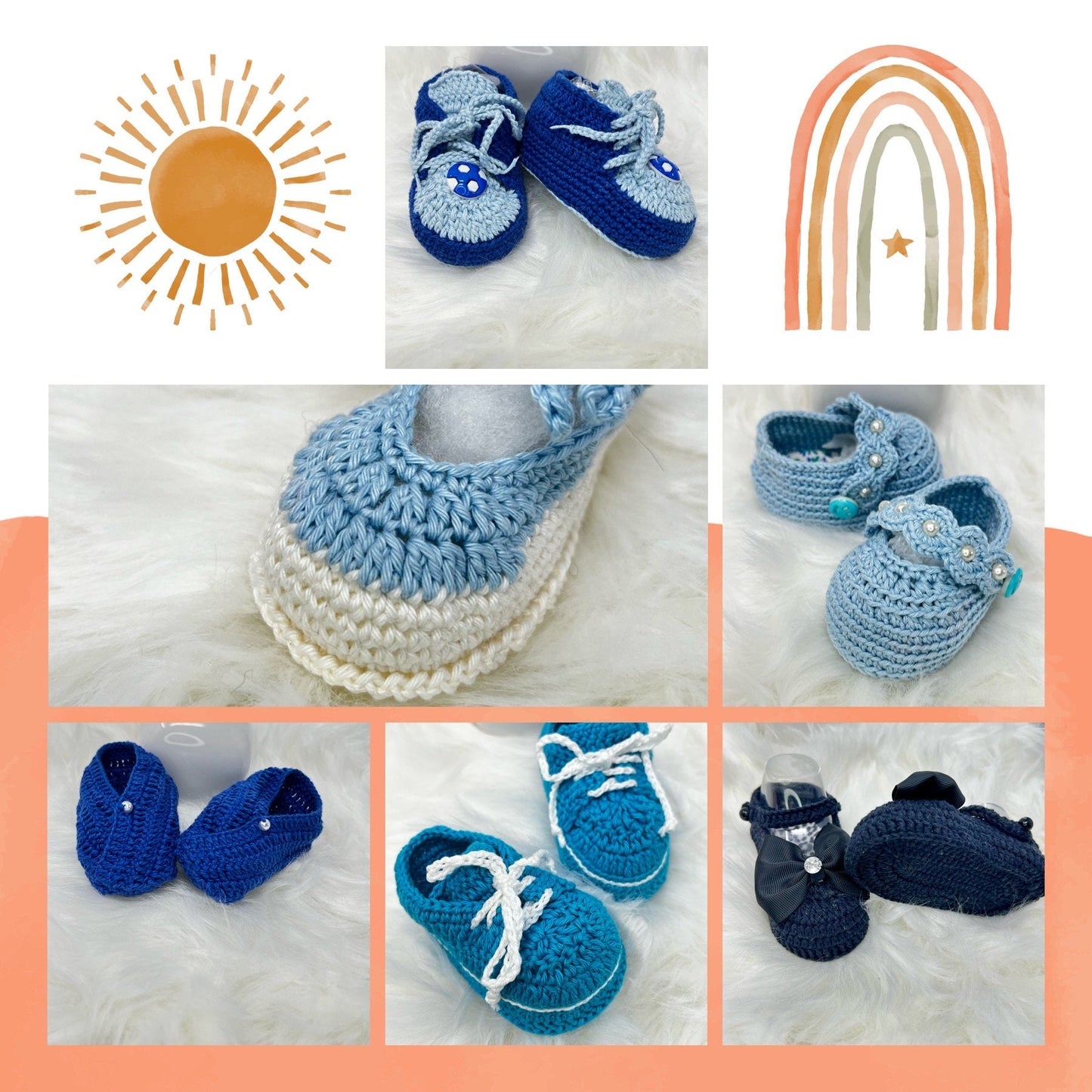 6 Zapatitos de Bebé Azules Hechos a Mano en crochet, cada uno es un hermoso regalo especial para recién nacido