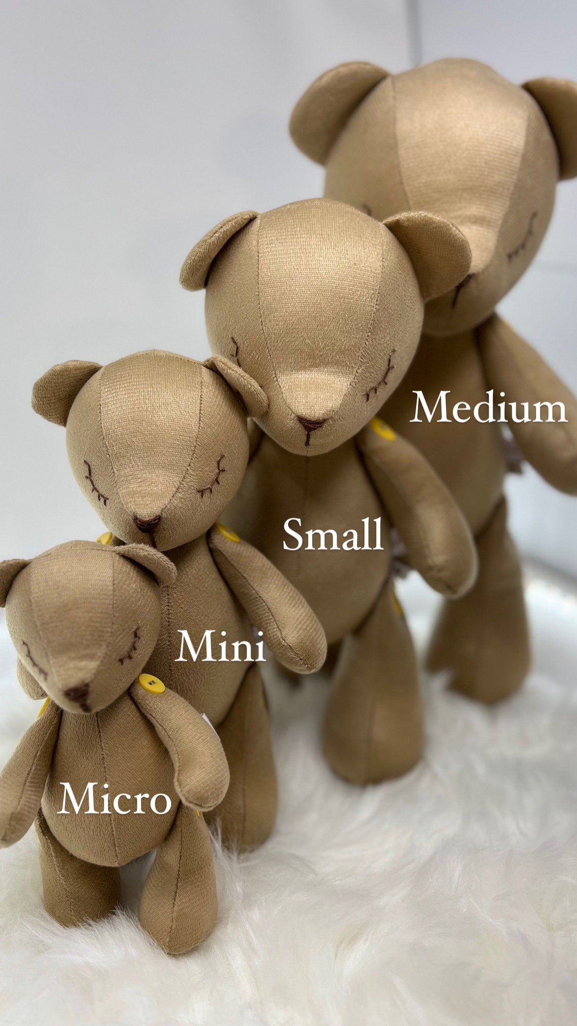 Regalo especial Osito de Peluche Artesanal en Terciopelo, 4 tamaños diferentes (micro, mini, pequeño y mediano), articulado.