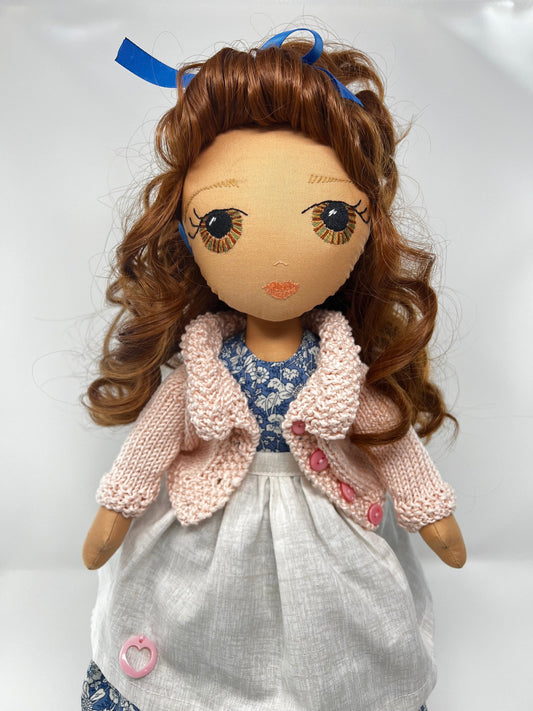 Stunning Heirloom Fabric handmade Rag Doll with embroidered face and blue dress, knitted cardigan and Genuine Leather handcrafted shoes