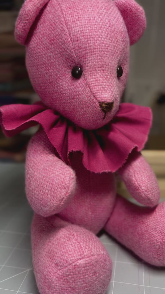 Adorable Handmade Teddy Bear in Pink Manx Tweed fabric - cuddly with closed eyes.